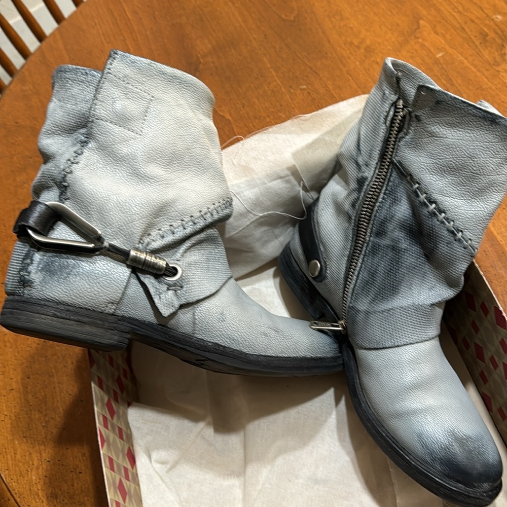 A.S.98 Blue Moto booties patchwork detail with harness EU 38